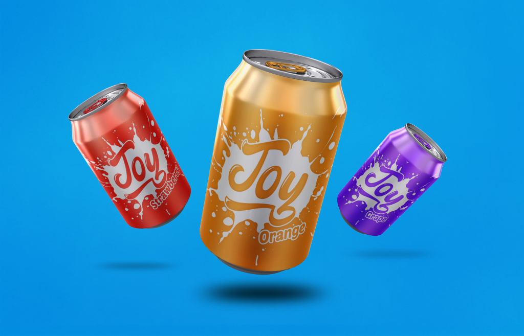 Joy soda cans floating on a blue background