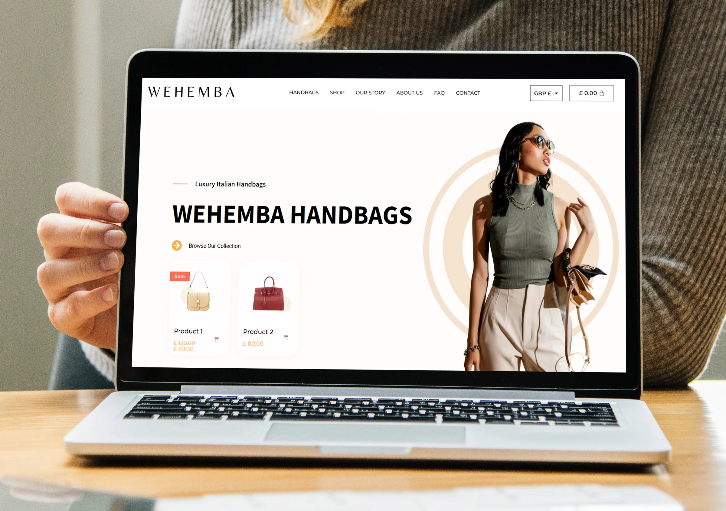 Wehemba handbags website on a laptop